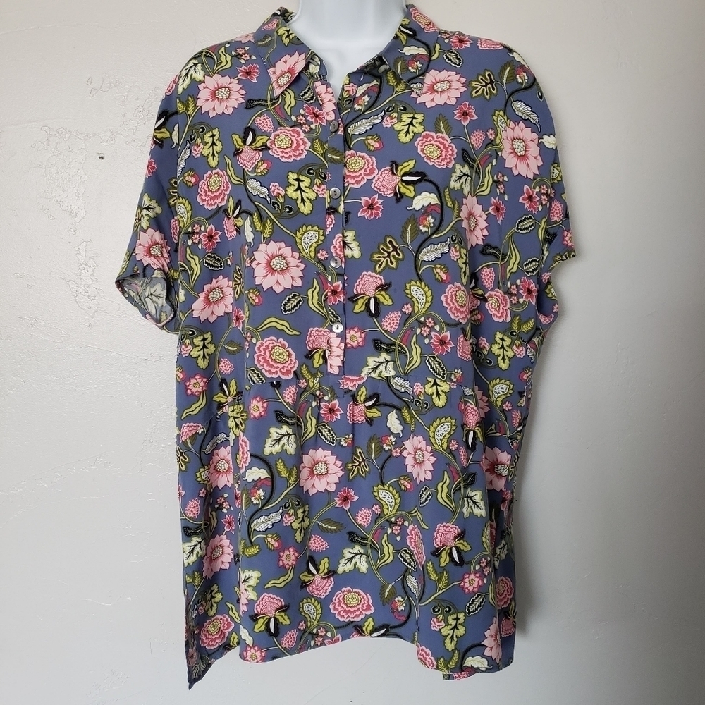 J. Jill Women's Large Short Sleeve Button Up Blouse Blue Grey Pink Green Floral